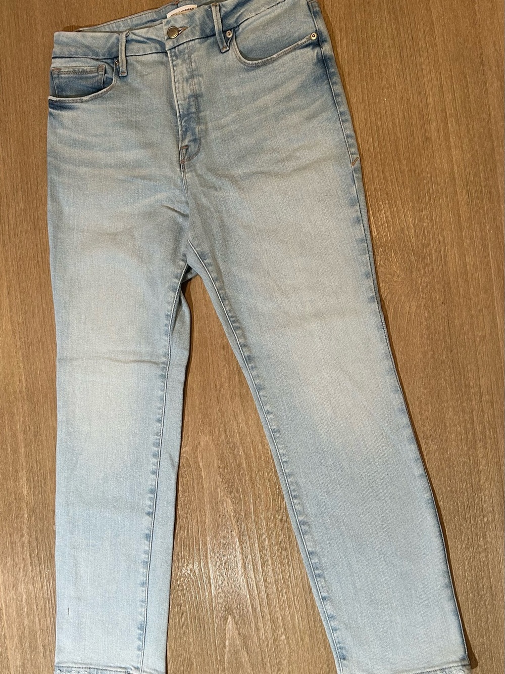 Good American Size 10/30 High Rise Slim Straight Jeans Light Wash Raw Hem